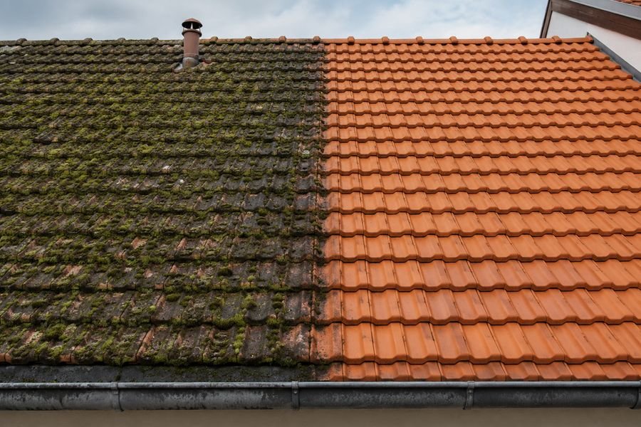 Toiture avant et après démoussage : mousse retirée et tuiles nettoyées à Montagnac